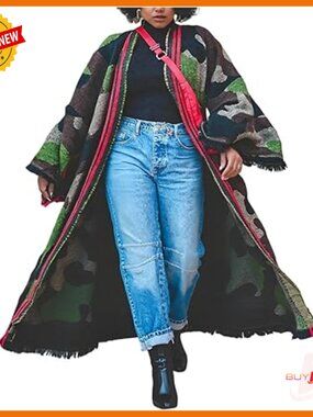 Long Camo Cardigan Poncho Open Front Fringe Knit Sweater Duster Cape Coat